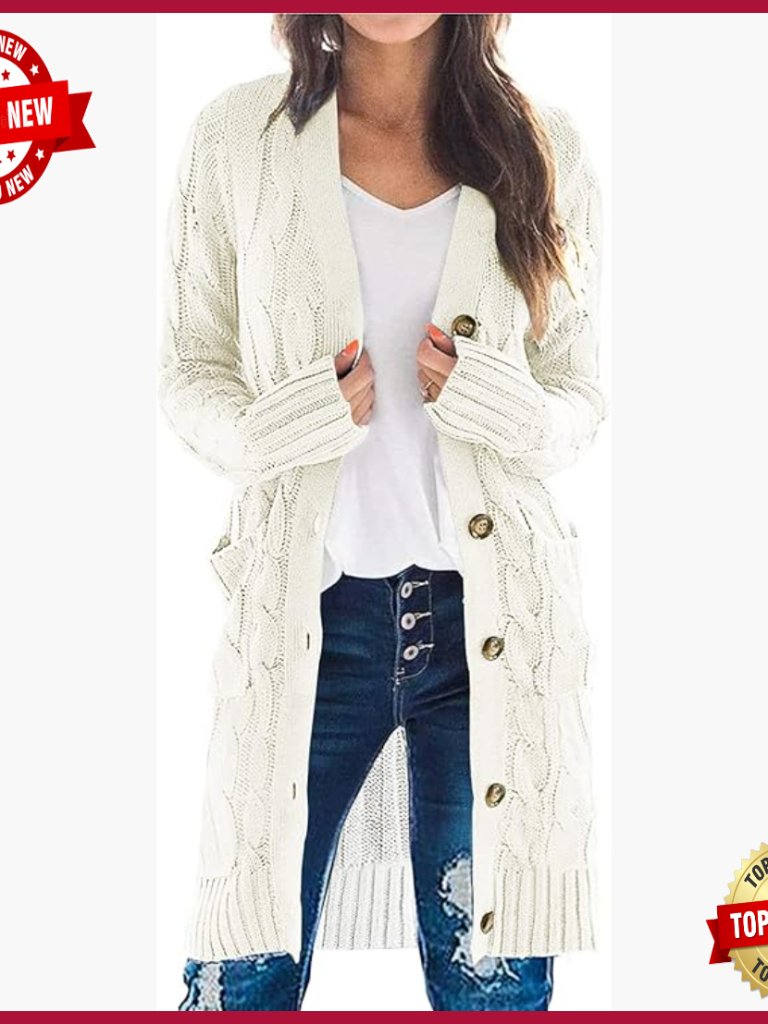 Long Cable Knit Cardigan Sweater Open Front Chunky Button Down With Pockets
